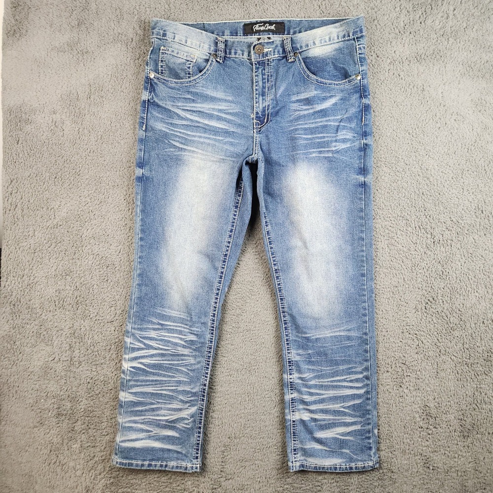 True Luck Slim Boot Jeans Men's 34x30 Denim Faded Wash Embroidered Flap Pocket